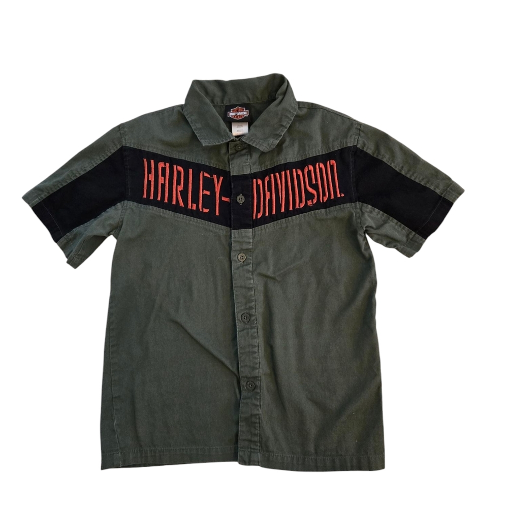 Harley-Davidson Green and Black Button-up Short Sleeved Shirt